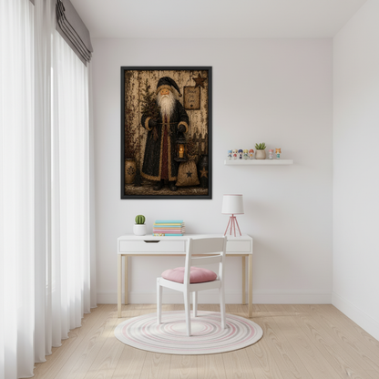 Rustic Santa Lantern Canvas Wall Art framed above a white desk beside a pale pink chair.
