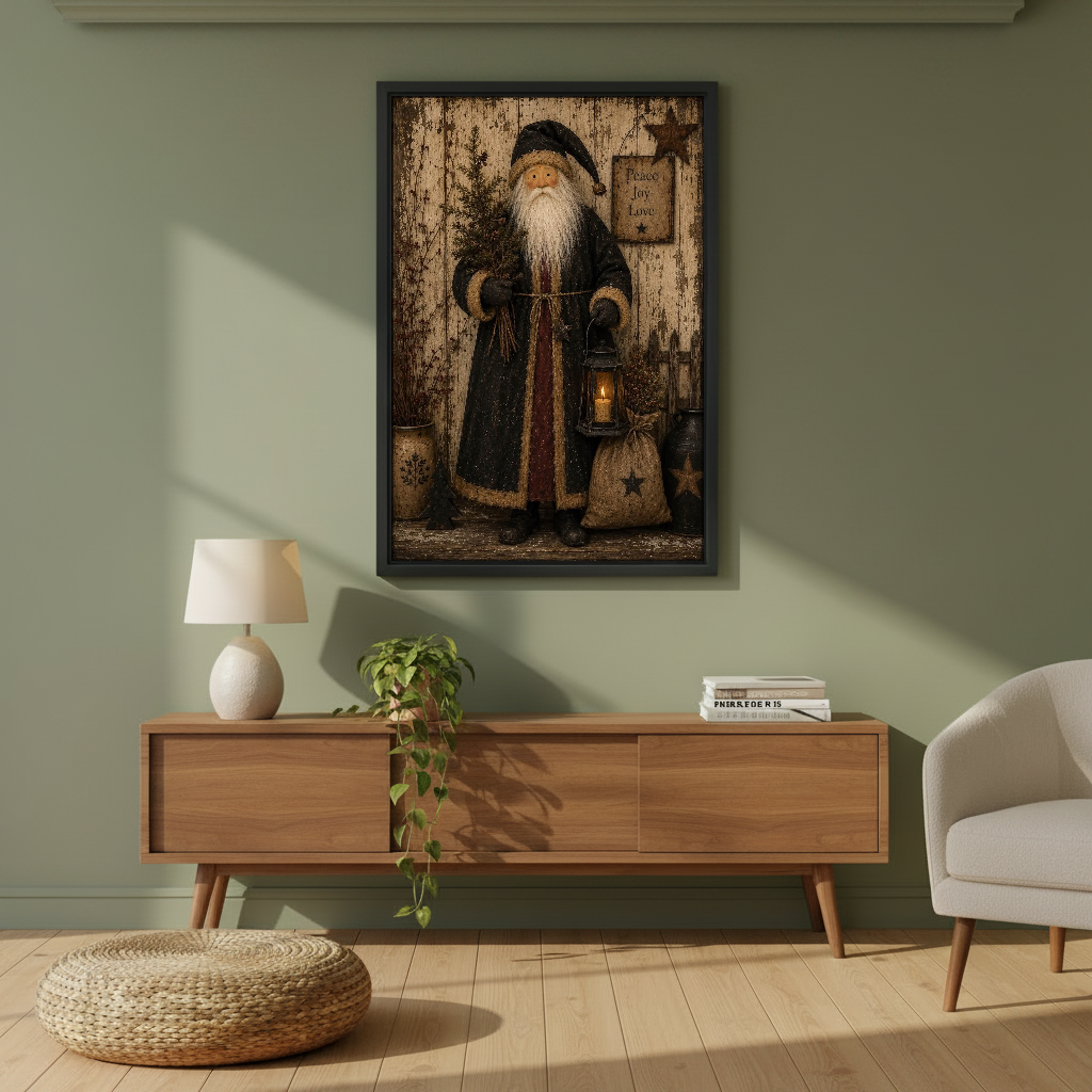 Rustic Santa Lantern Canvas Wall Art framed above a wood console against an olive wall.
