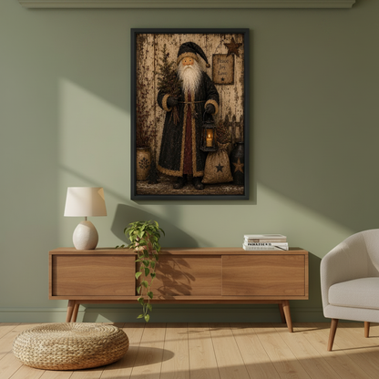 Rustic Santa Lantern Canvas Wall Art framed above a wood console against an olive wall.