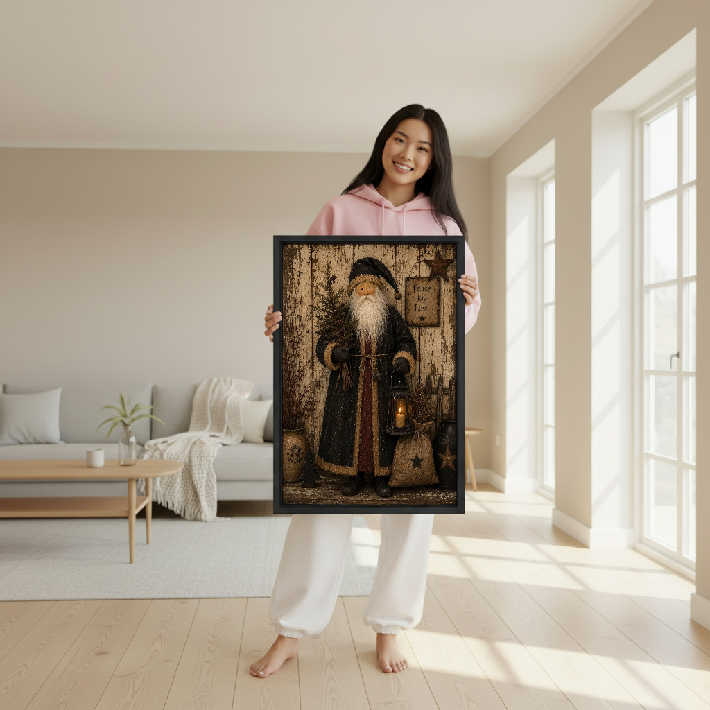 Rustic Santa Lantern Canvas Wall Art held in a black frame by a woman in pink.