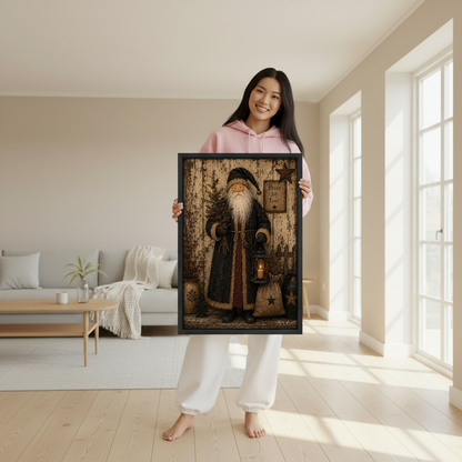 Rustic Santa Lantern Canvas Wall Art held in a black frame by a woman in pink.