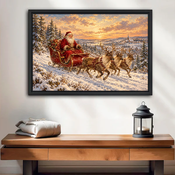 Santa Sleigh Winter Journey Canvas Wall Art framed above a wood console with lantern and folded linen.