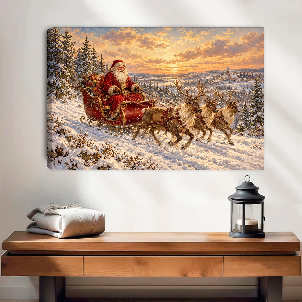 Santa Sleigh Winter Journey Canvas Wall Art unframed above a wood console with lantern and folded linen.