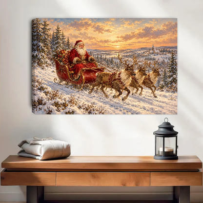 Santa Sleigh Winter Journey Canvas Wall Art unframed above a wood console with lantern and folded linen.