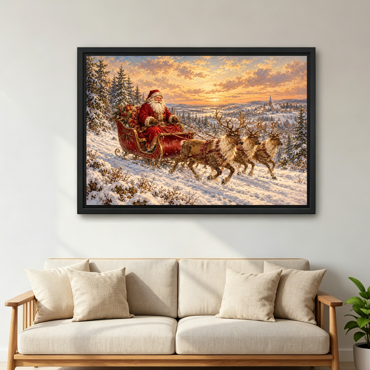 Santa Sleigh Winter Journey Canvas Wall Art framed above a cream sofa with wooden arms.