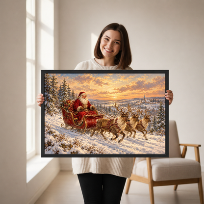Santa Sleigh Winter Journey Canvas Wall Art held by a woman in a bright neutral room.