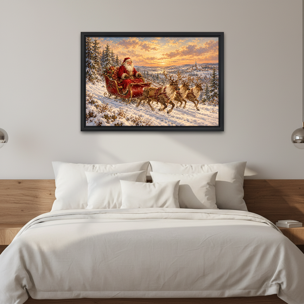 Santa Sleigh Winter Journey Canvas Wall Art framed above white bedding and wooden bedside tables.