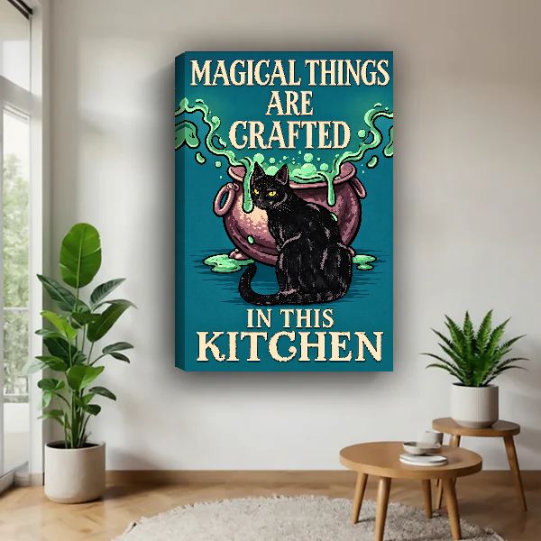 Magical Kitchen Cat Canvas Wall Art unframed above a pale wood table beside green plants.