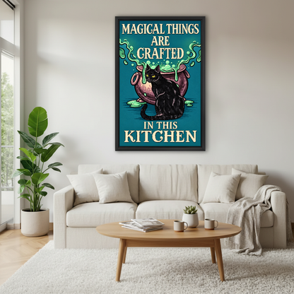 Magical Kitchen Cat Canvas Wall Art framed above a cream sofa and round wood table.