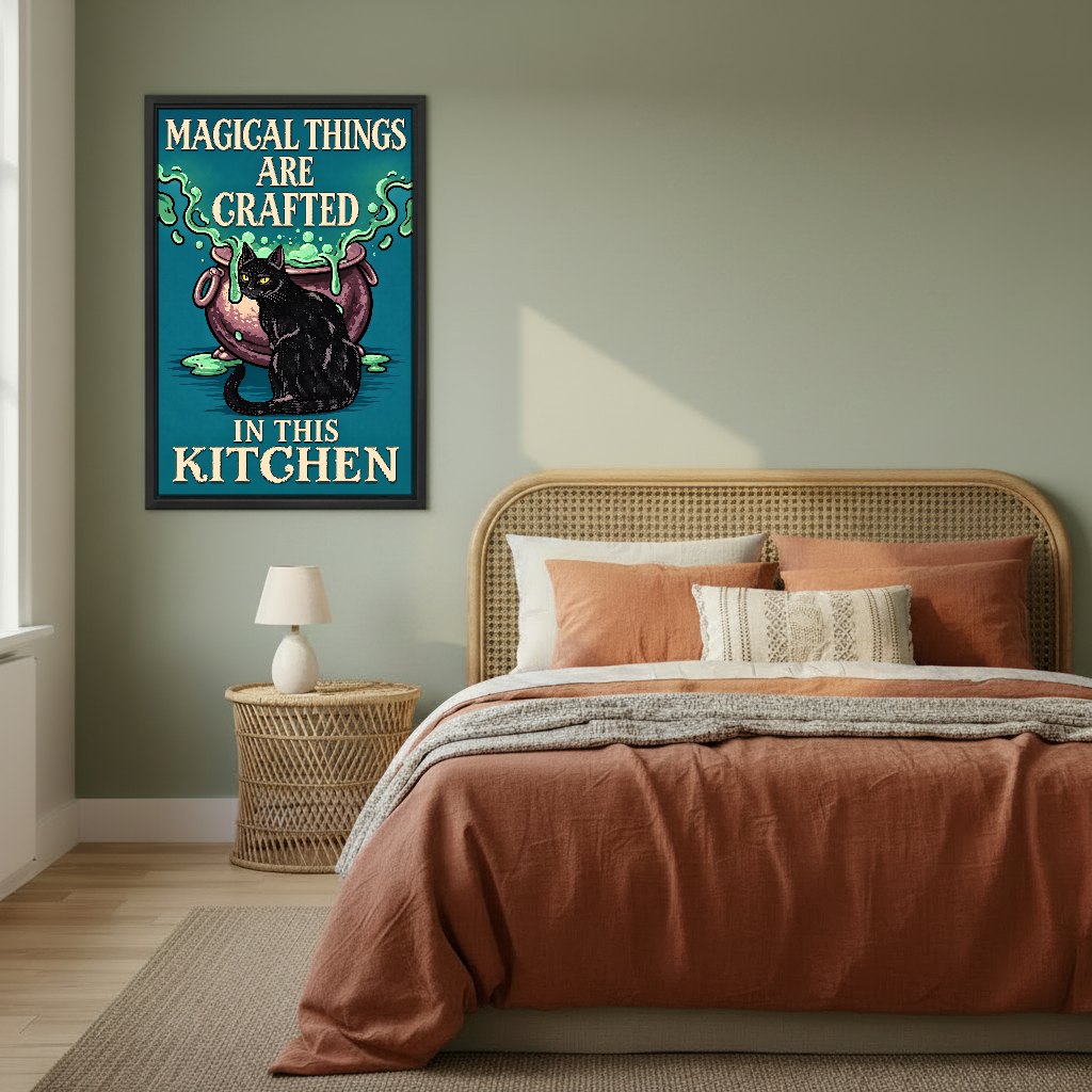 Magical Kitchen Cat Canvas Wall Art framed above rust bedding against a muted olive wall.