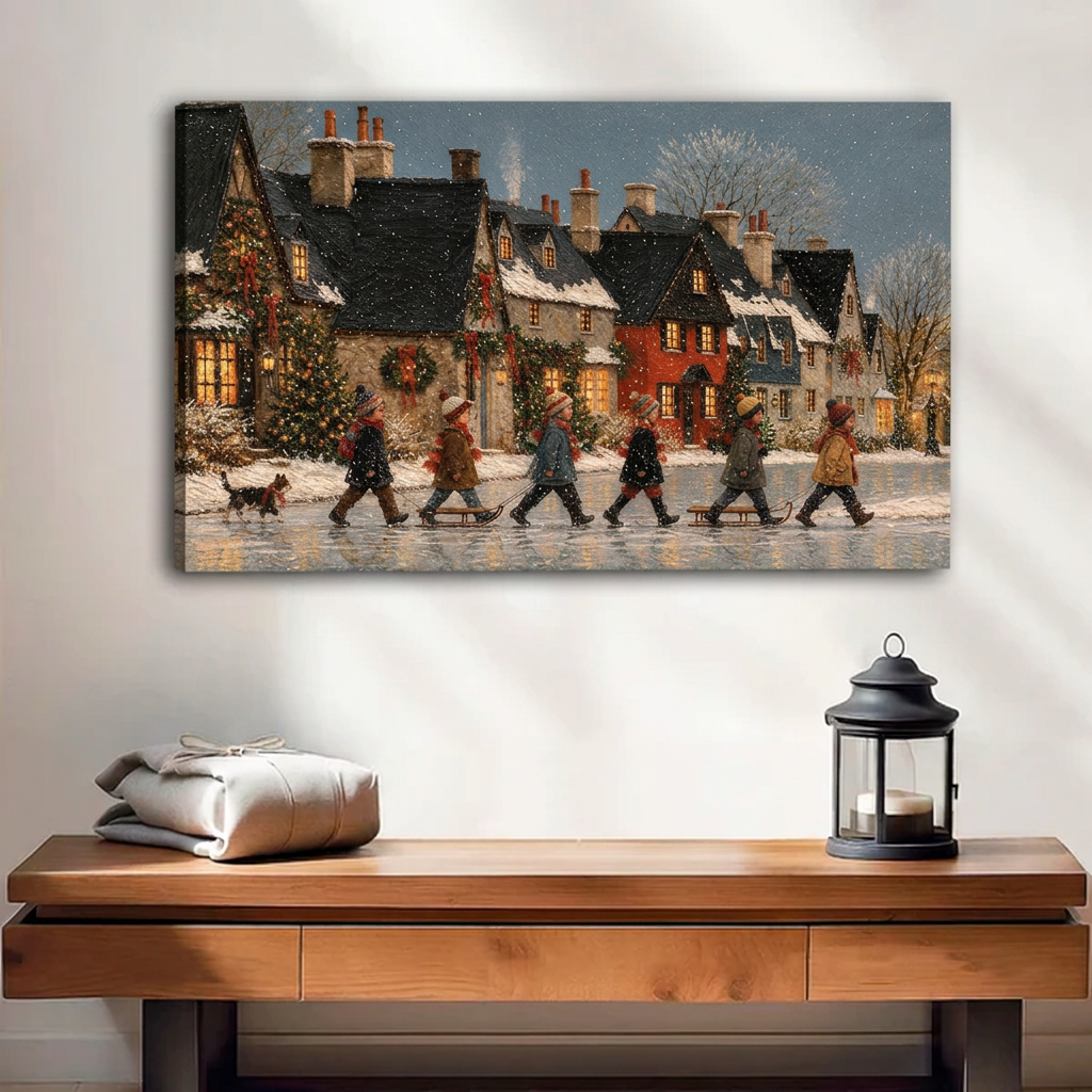 Christmas Village Crossing Canvas Wall Art unframed above a wood console with lantern and folded linen.