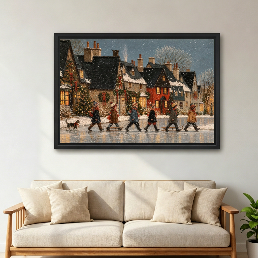 Christmas Village Crossing Canvas Wall Art framed above a cream sofa with wooden arms.