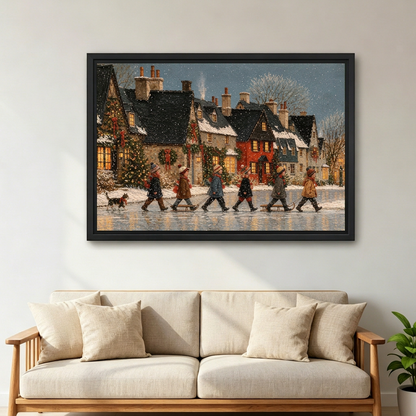 Christmas Village Crossing Canvas Wall Art framed above a cream sofa with wooden arms.