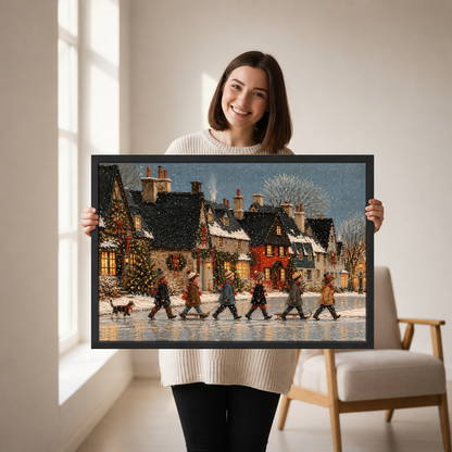 Christmas Village Crossing Canvas Wall Art held by a woman in a bright neutral room.