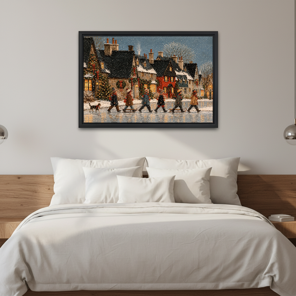 Christmas Village Crossing Canvas Wall Art framed above white bedding and wooden bedside tables.