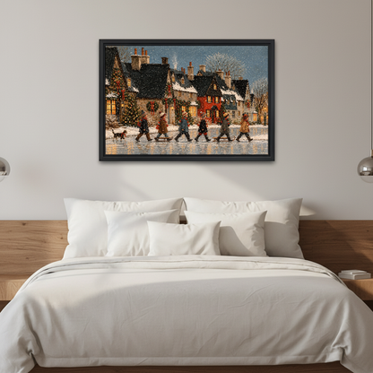 Christmas Village Crossing Canvas Wall Art framed above white bedding and wooden bedside tables.
