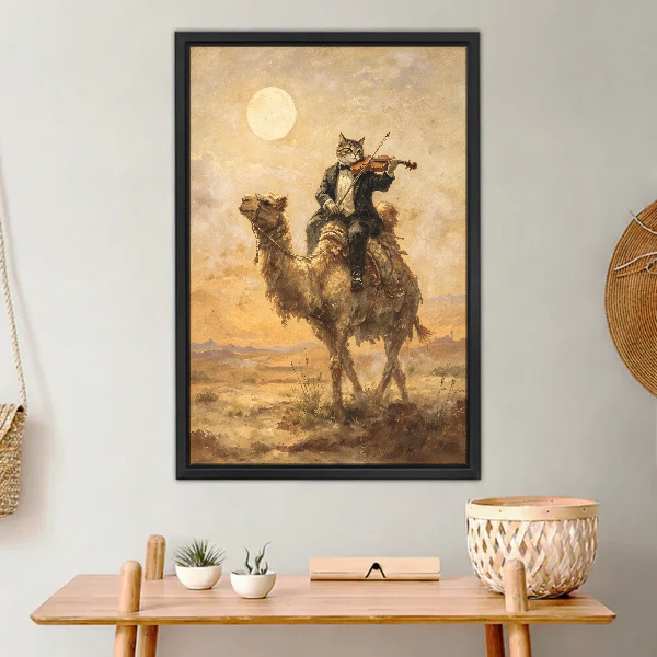 Desert Violin Cat Canvas Wall Art framed above a light wood console with cacti.