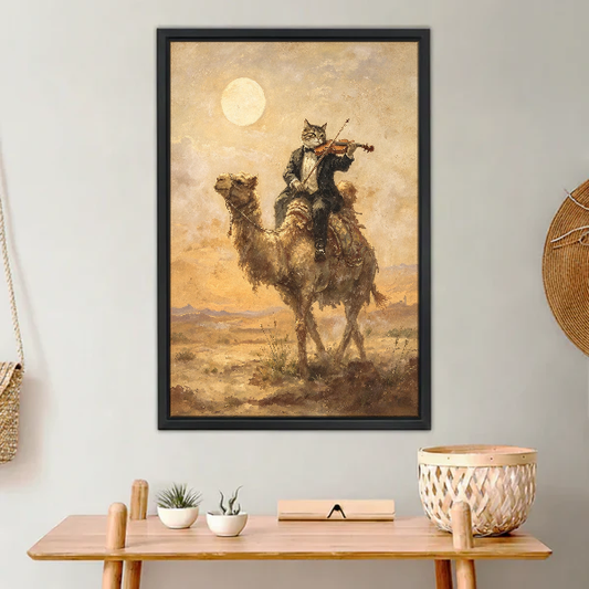 Desert Violin Cat Canvas Wall Art framed above a light wood console with cacti.