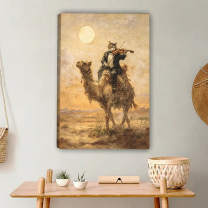 Desert Violin Cat Canvas Wall Art unframed above a light wood console and woven basket.