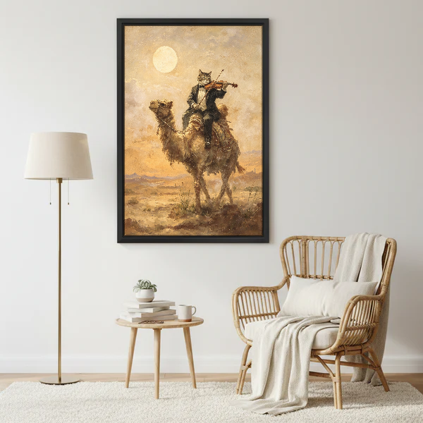 Desert Violin Cat Canvas Wall Art framed beside a wicker armchair and brass floor lamp.