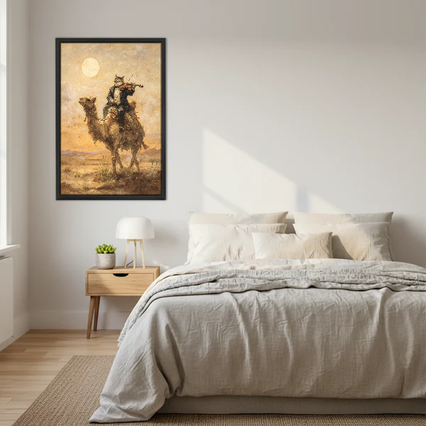 Desert Violin Cat Canvas Wall Art framed above cream bedding and pale wood nightstands.