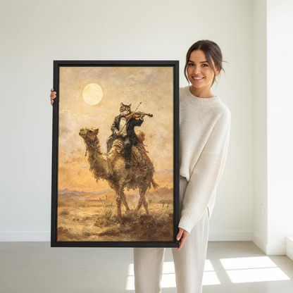 Desert Violin Cat Canvas Wall Art held in a black frame by a woman in cream.