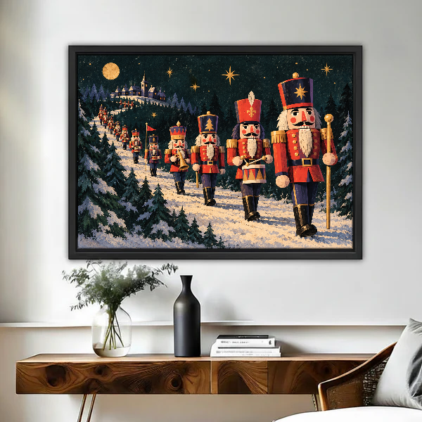 Moonlit Nutcracker March Canvas Wall Art framed above a figured wooden console with a black vase.