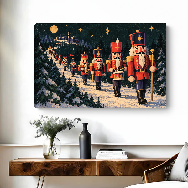 Moonlit Nutcracker March Canvas Wall Art unframed above a figured wooden console with a black vase.