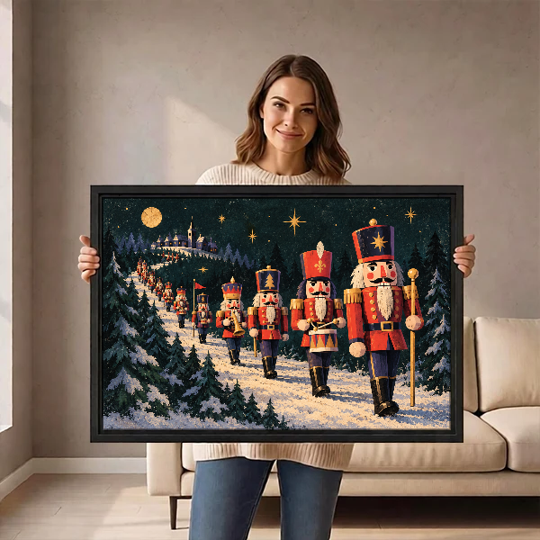 Moonlit Nutcracker March Canvas Wall Art held by a woman in a bright neutral room.