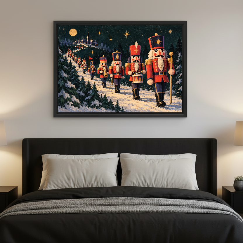 Moonlit Nutcracker March Canvas Wall Art framed above charcoal bedding in a modern bedroom.