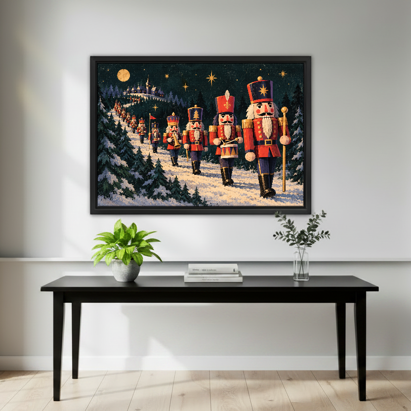 Moonlit Nutcracker March Canvas Wall Art framed above a black console surrounded by green plants.