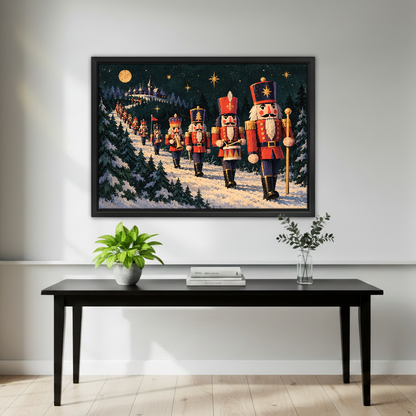 Moonlit Nutcracker March Canvas Wall Art framed above a black console surrounded by green plants.