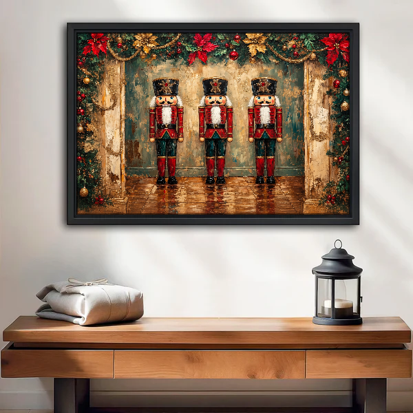 Three Festive Nutcrackers Canvas Wall Art framed above a wood console with lantern and folded linen.