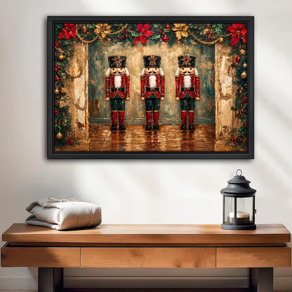 Three Festive Nutcrackers Canvas Wall Art framed above a wood console with lantern and folded linen.
