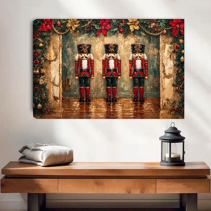Three Festive Nutcrackers Canvas Wall Art unframed above a wood console with lantern and folded linen.