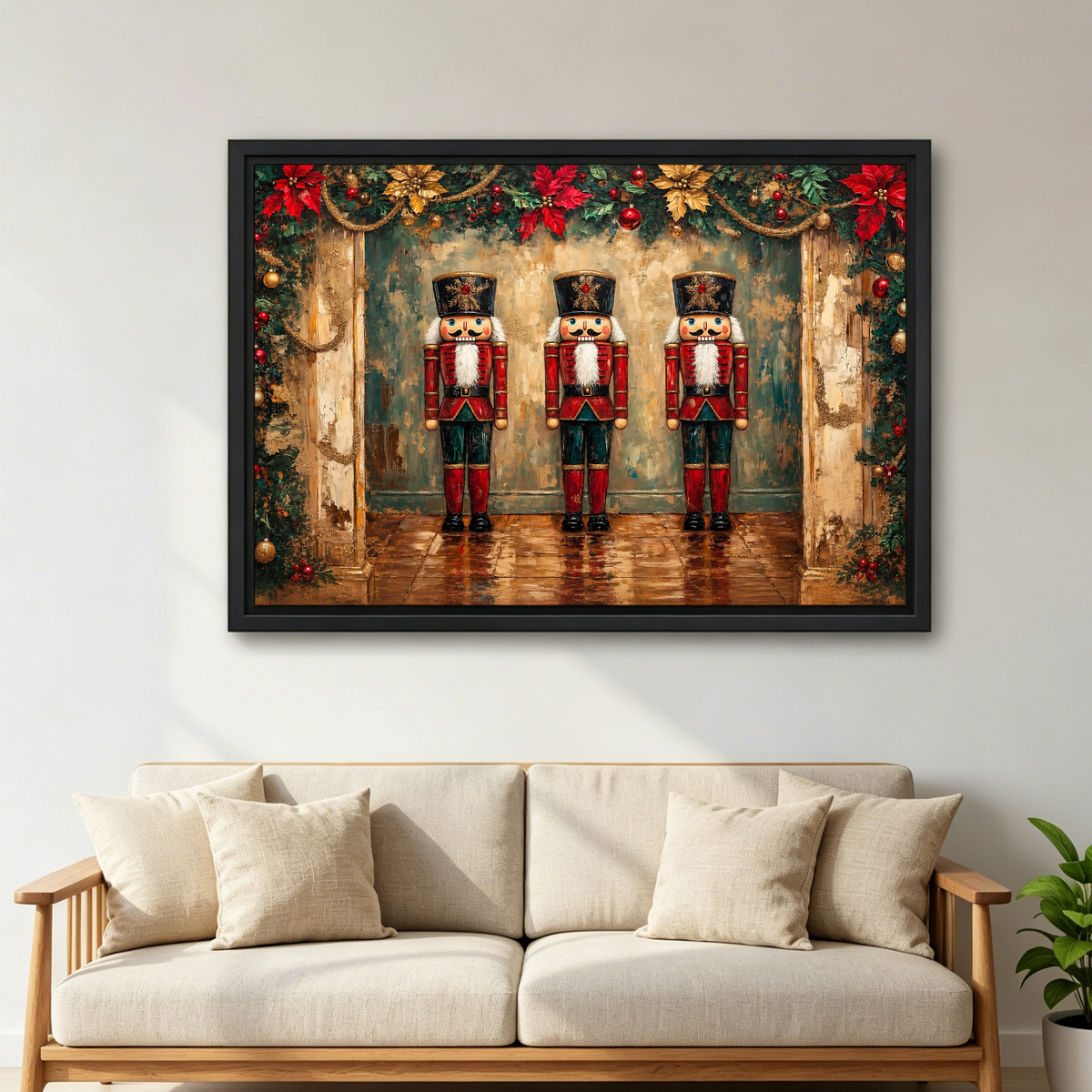 Three Festive Nutcrackers Canvas Wall Art framed above a cream sofa with wooden arms.
