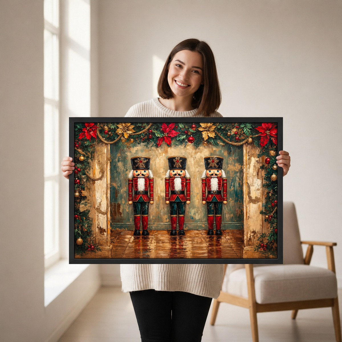 Three Festive Nutcrackers Canvas Wall Art held by a woman in a bright neutral room.