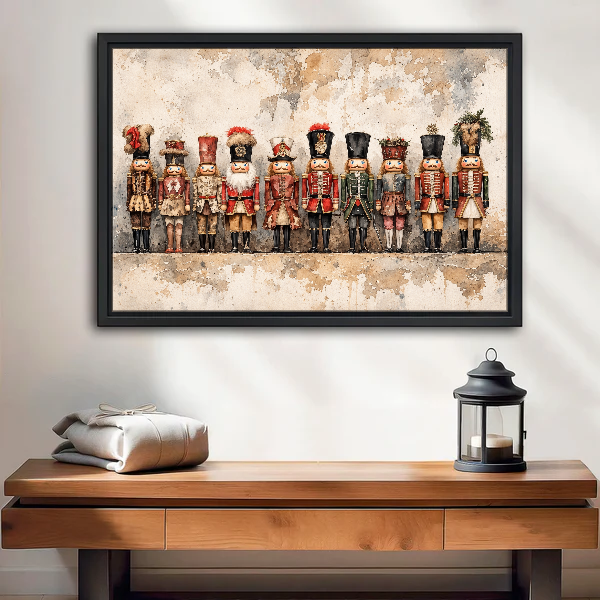 Vintage Nutcracker Gathering Canvas Wall Art framed above a wood console with lantern and folded linen.