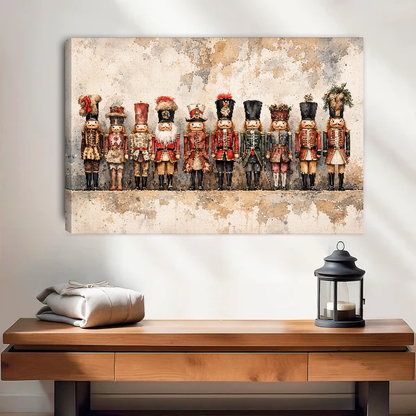 Vintage Nutcracker Gathering Canvas Wall Art unframed above a wood console with lantern and folded linen.