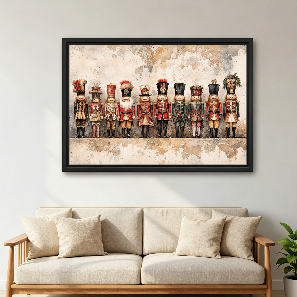 Vintage Nutcracker Gathering Canvas Wall Art framed above a cream sofa with wooden arms.