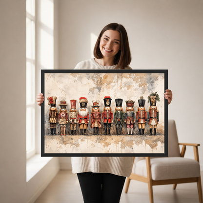 Vintage Nutcracker Gathering Canvas Wall Art held by a woman in a bright neutral room.
