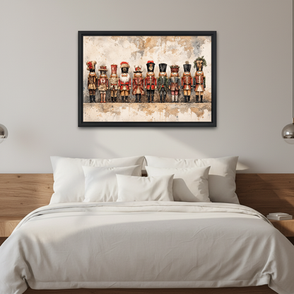 Vintage Nutcracker Gathering Canvas Wall Art framed above white bedding and wooden bedside tables.