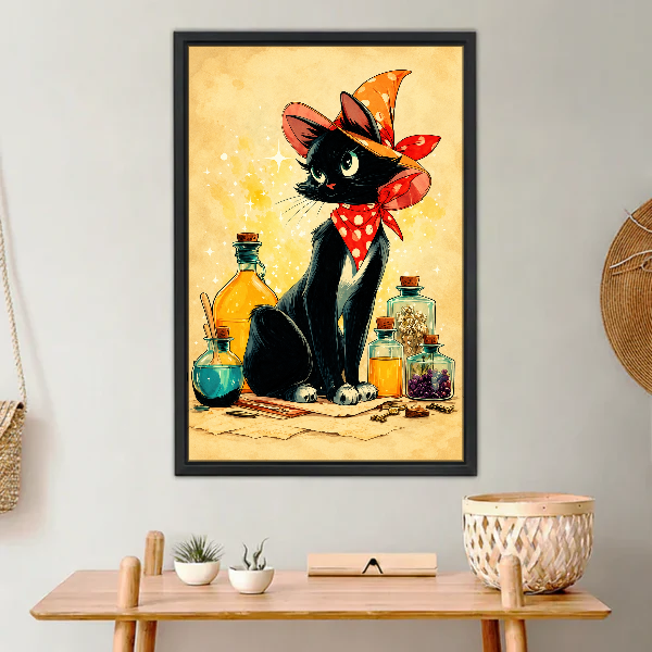 Little Witch Kitten Canvas Wall Art framed above a light wood console with cacti.