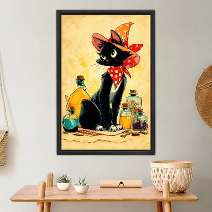 Little Witch Kitten Canvas Wall Art framed above a light wood console with cacti.