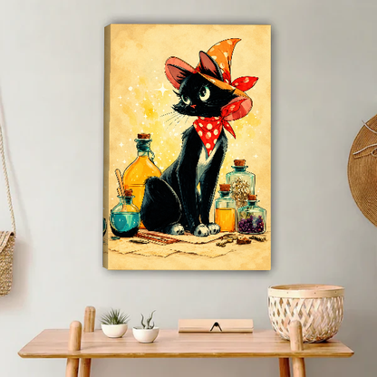 Little Witch Kitten Canvas Wall Art unframed above a light wood console and woven basket.