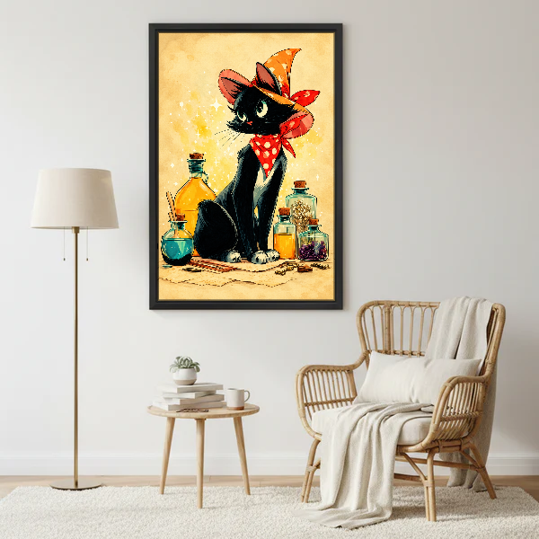 Little Witch Kitten Canvas Wall Art framed beside a wicker armchair and brass floor lamp.