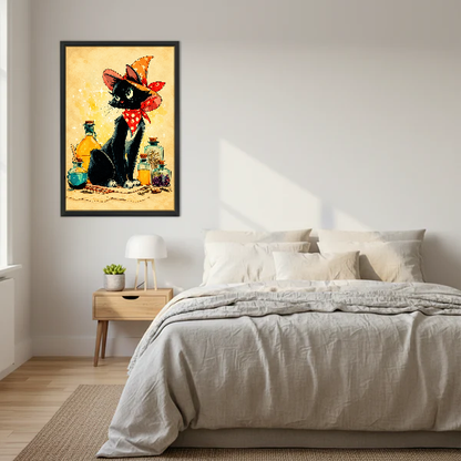 Little Witch Kitten Canvas Wall Art framed above cream bedding and pale wood nightstands.