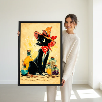 Little Witch Kitten Canvas Wall Art held in a black frame by a woman in cream.