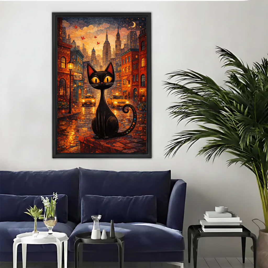 Autumn City Cat Canvas Wall Art framed above a navy sofa with palm and side tables.