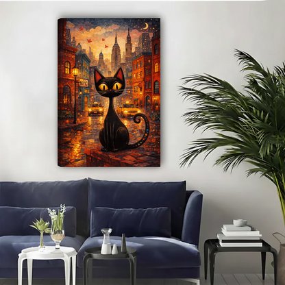 Autumn City Cat Canvas Wall Art unframed above a navy sofa beside a leafy palm.